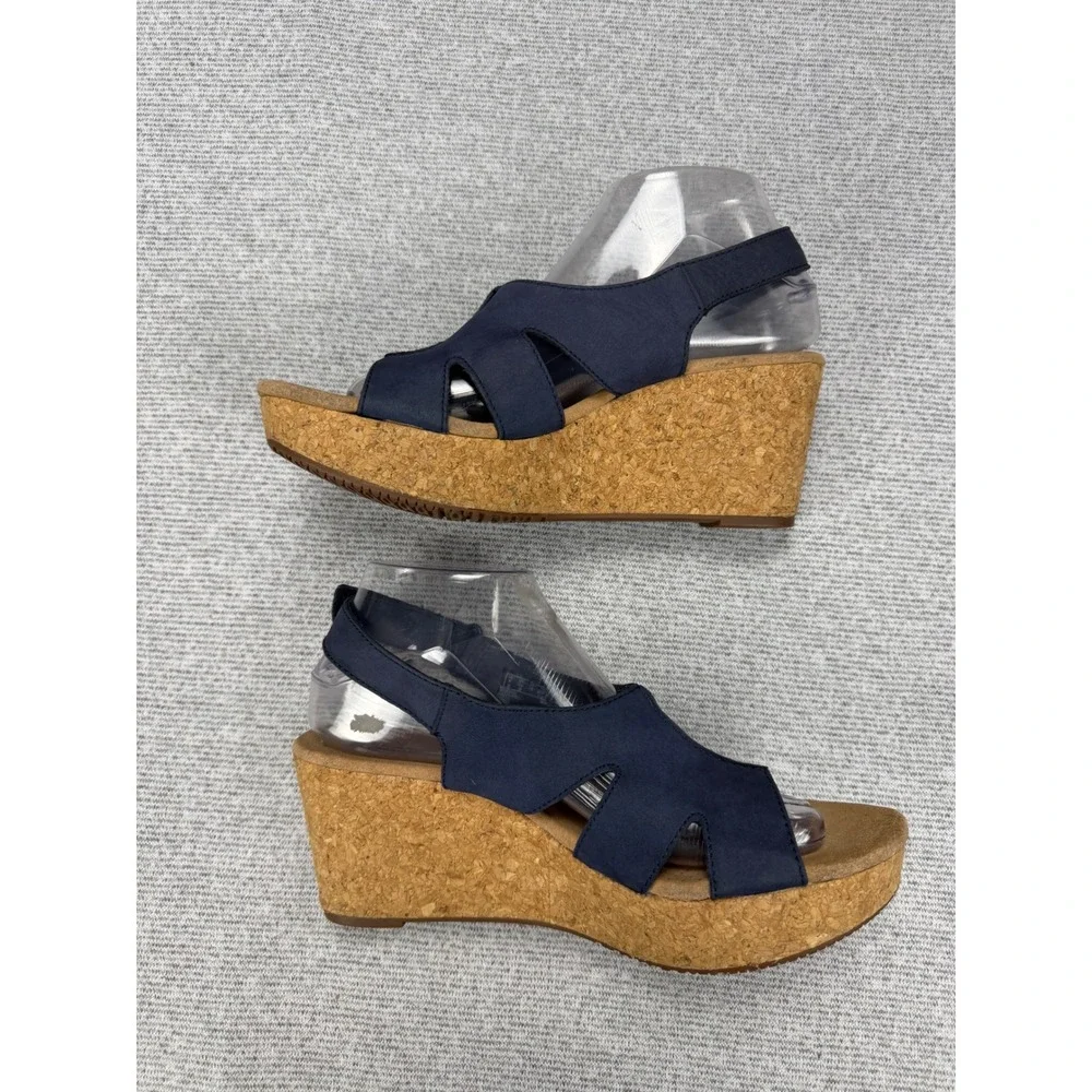 Clarks Collection Navy Blue Leather Cork Wedge Sandals‎ Womens 9.5 M